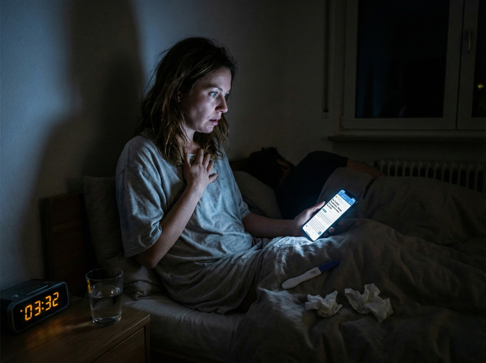 Frau recherchiert nachts auf ihrem Smartphone zum Thema Kinderwunsch