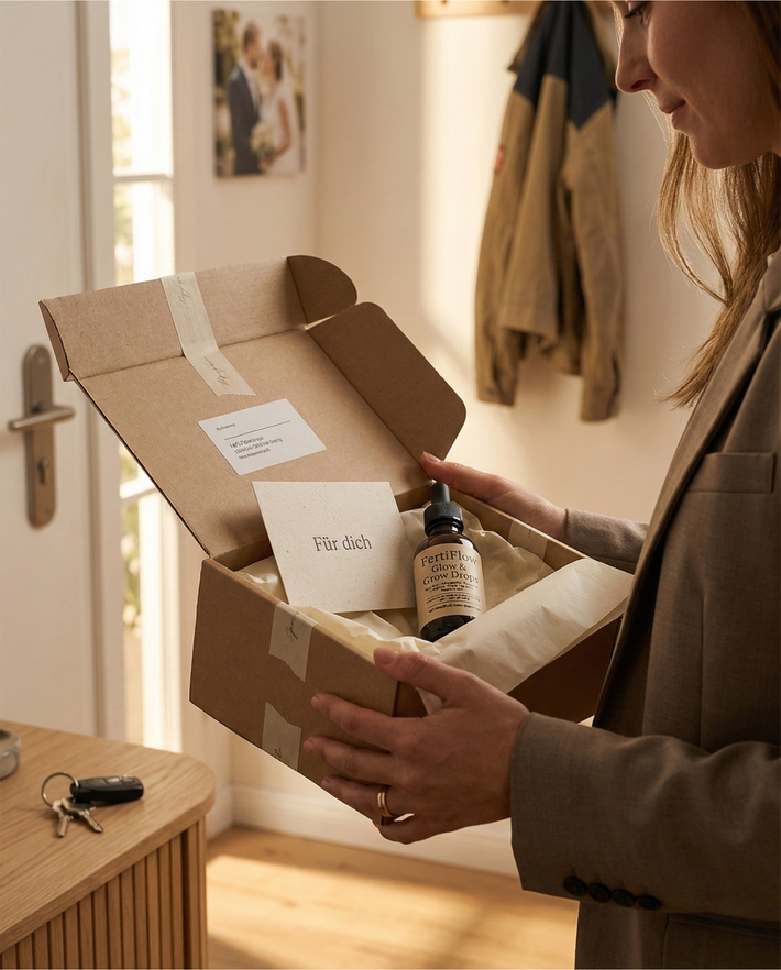 Frau öffnet ihr Paket mit FertiFlow Tropfen